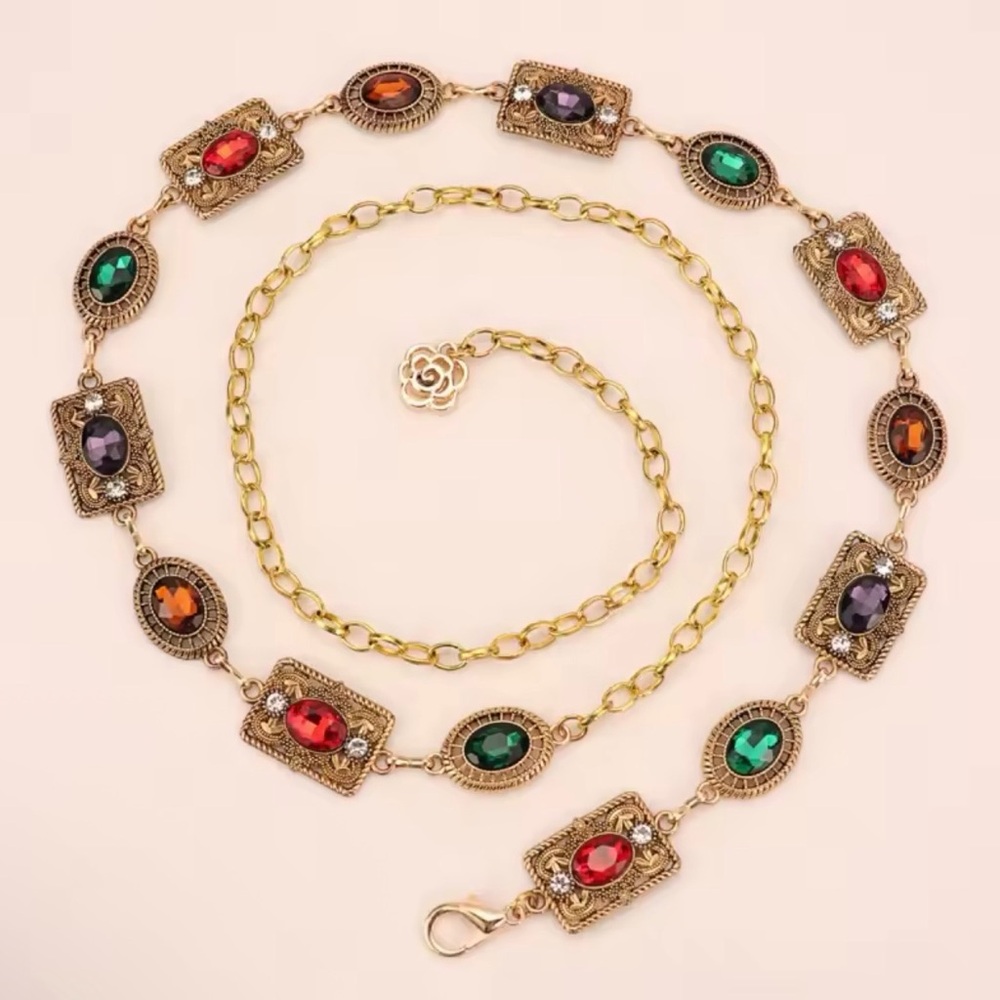 Retro Colorful Waist Multicolor Gemstone Chain Belt 44” - Picture 4 of 5
